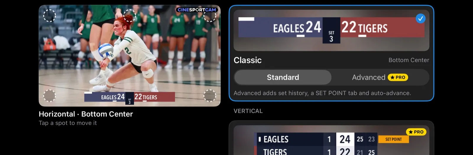 Le sélecteur Tableau de score pour le volley-ball : le tableau sur une photo de match avec les emplacements possibles, et les cartes avec le choix Standard ou Avancé