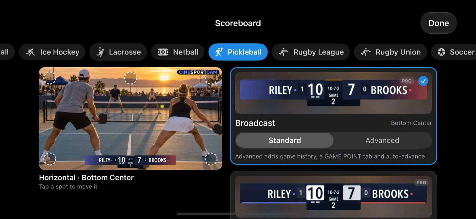 Le sélecteur Tableau de score avec les boutons des sports en haut et le pickleball sélectionné