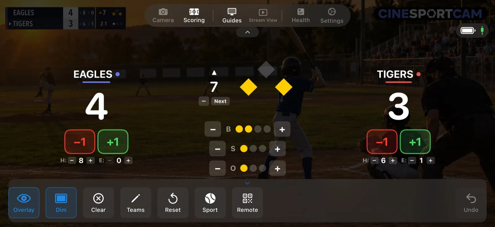 The baseball scoring screen on the Vertical · Advanced board: runs, the inning with Next, balls, strikes and outs, the bases, and hits and errors