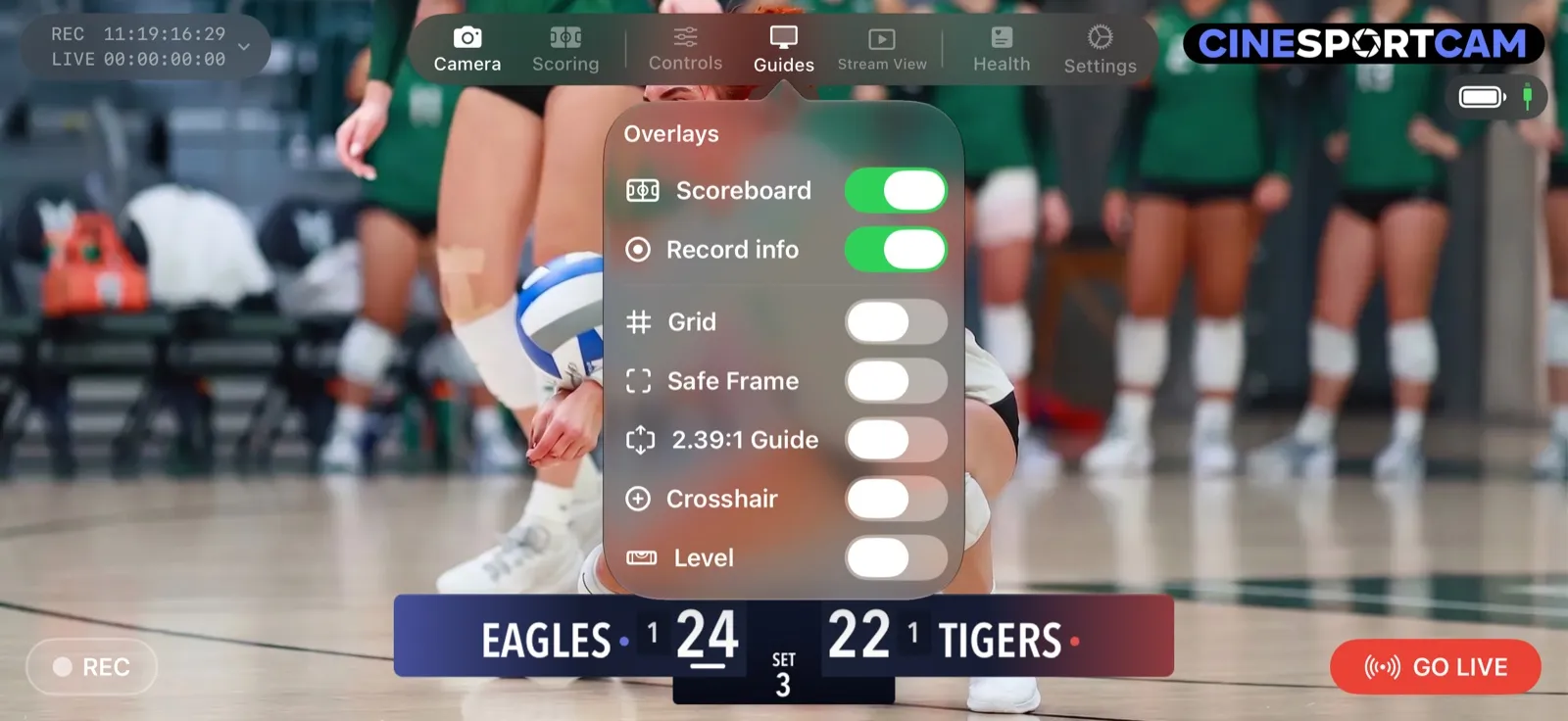 Le menu Repères avec Tableau de score, Infos d’enregistrement et les repères de cadrage