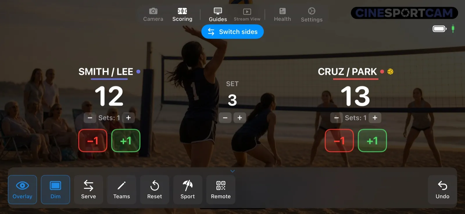 The beach volleyball scoring screen in the third set, with the blue Switch sides banner