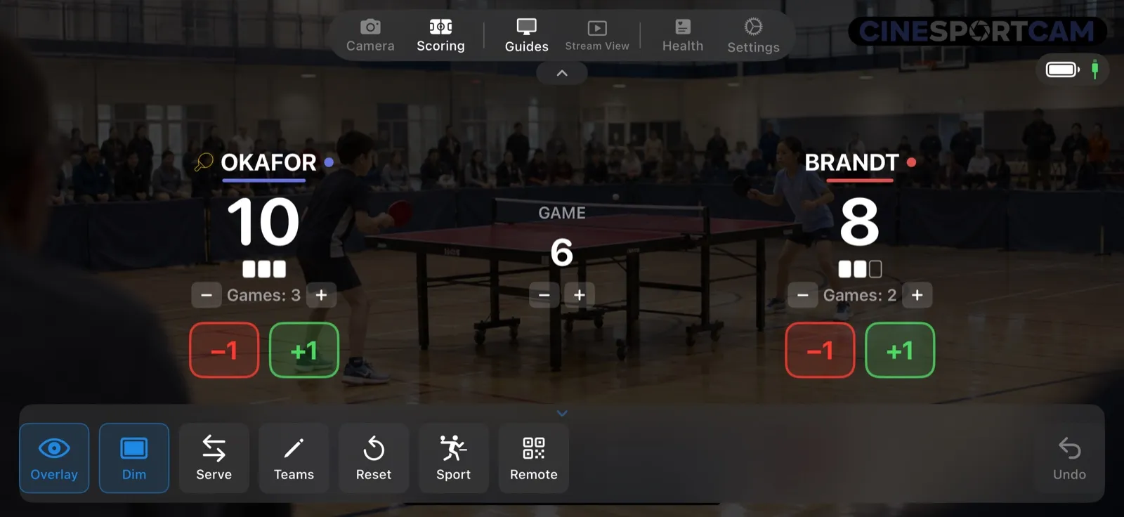 The table tennis scoring screen with the score buttons, the games-won boxes and the GAME number