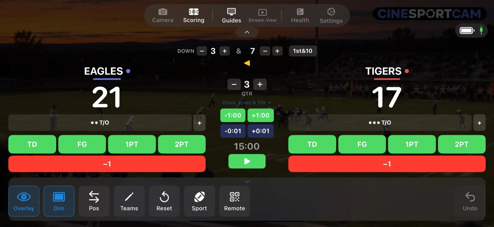 La pantalla de puntuación de fútbol americano con el marcador Avanzado: la barra DOWN, el cuarto y el reloj, los tiempos muertos y los botones TD, FG, 1PT y 2PT