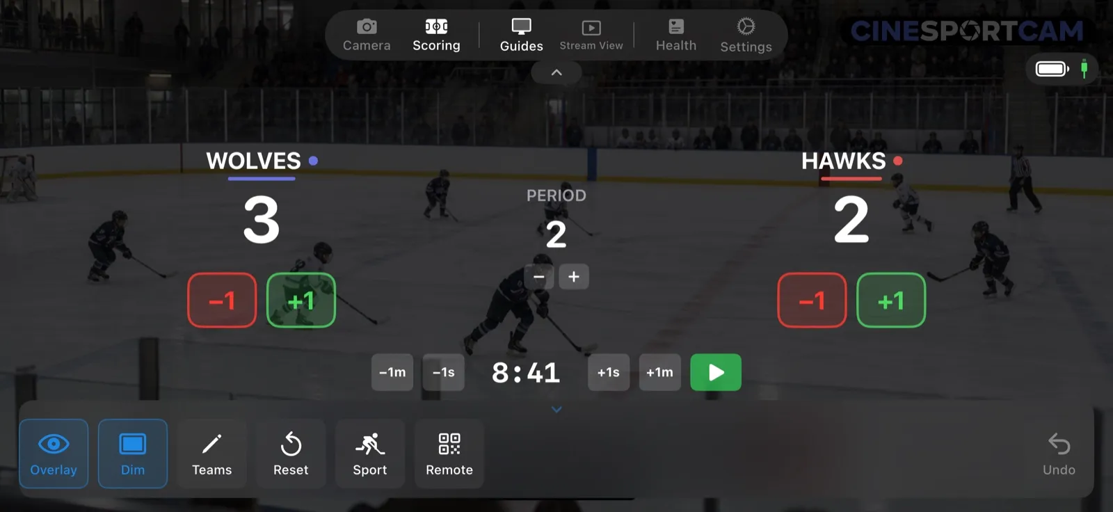 Der Eishockey-Punktebildschirm mit den Punkte-Buttons, dem Drittel und der Uhrzeile