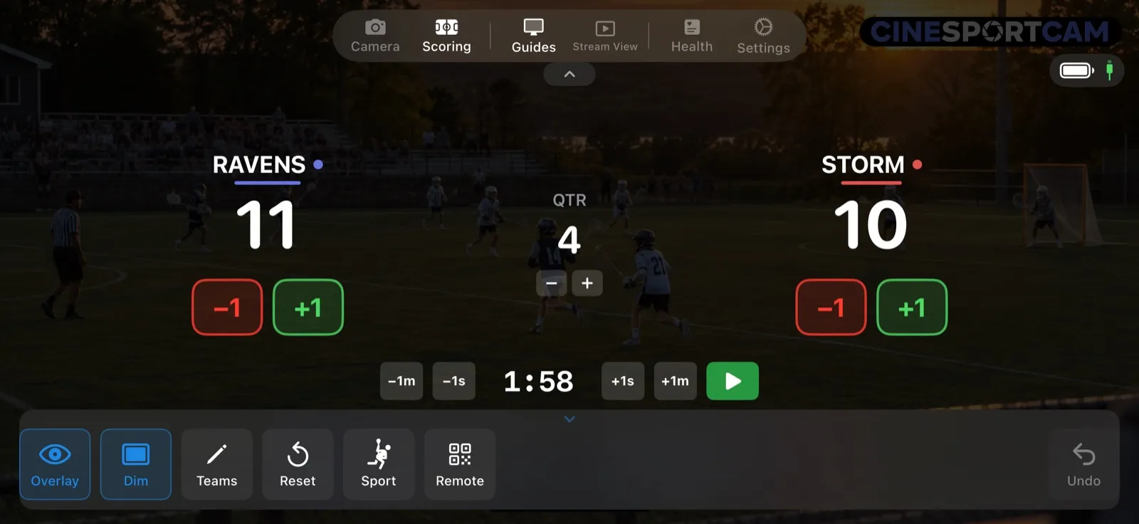The lacrosse scoring screen with the score buttons, the quarter and the clock row