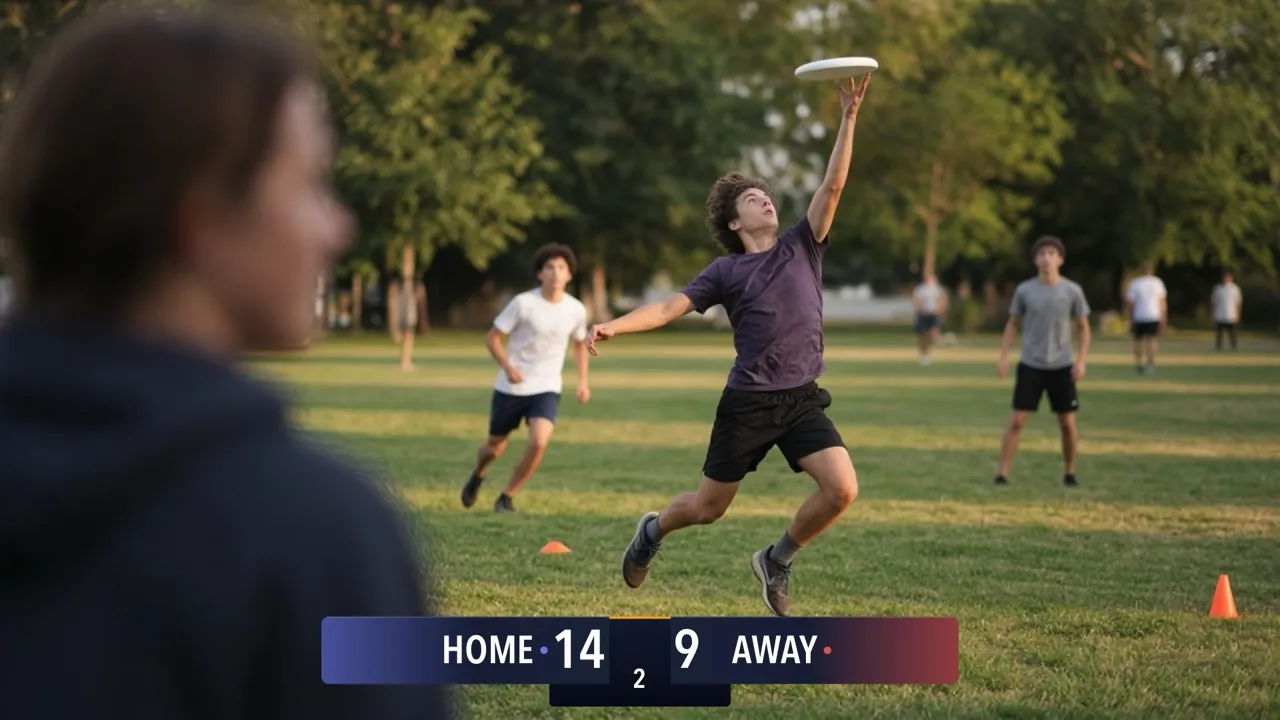 En kamp i ultimate frisbee med resultattavlen Generisk Broadcast i bunden af billedet
