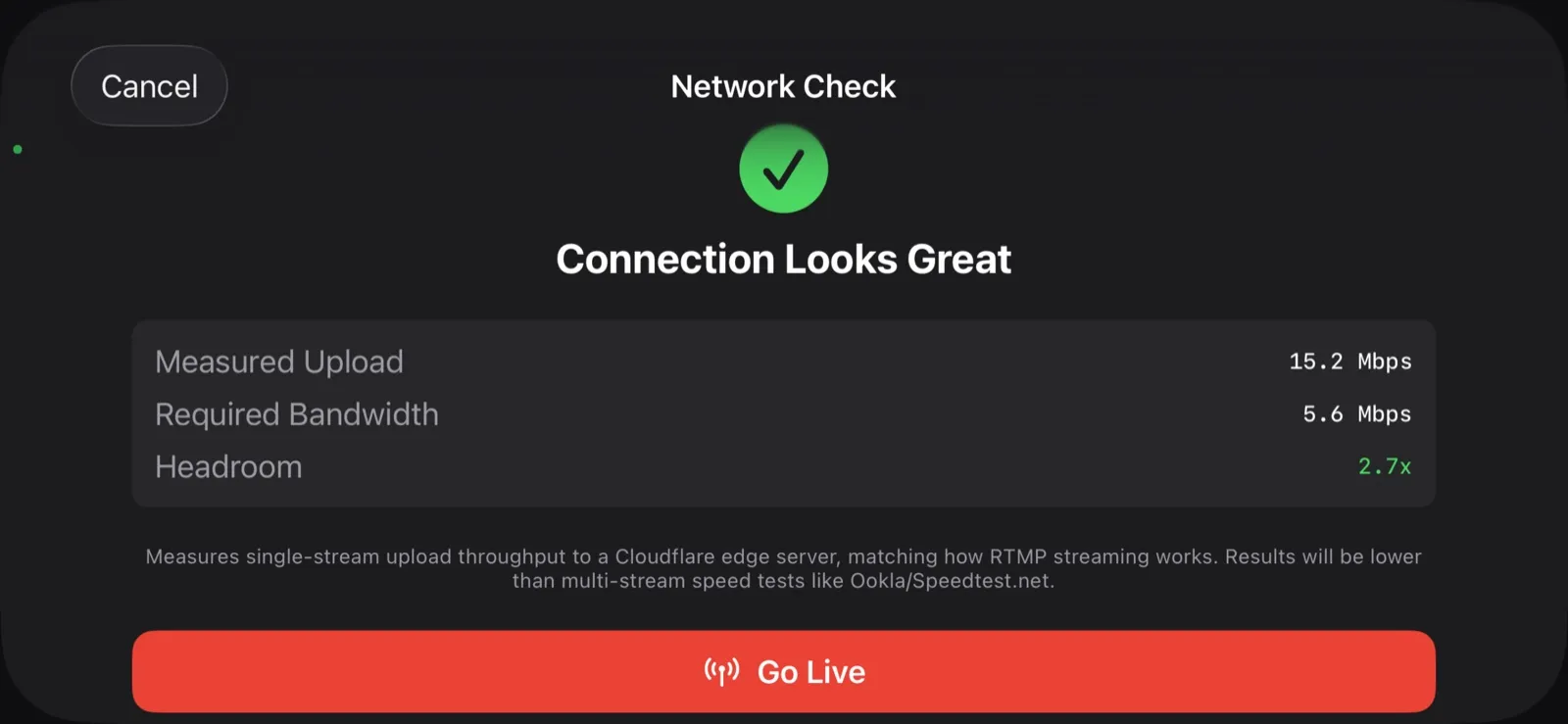 The network check screen reading Connection Looks Great