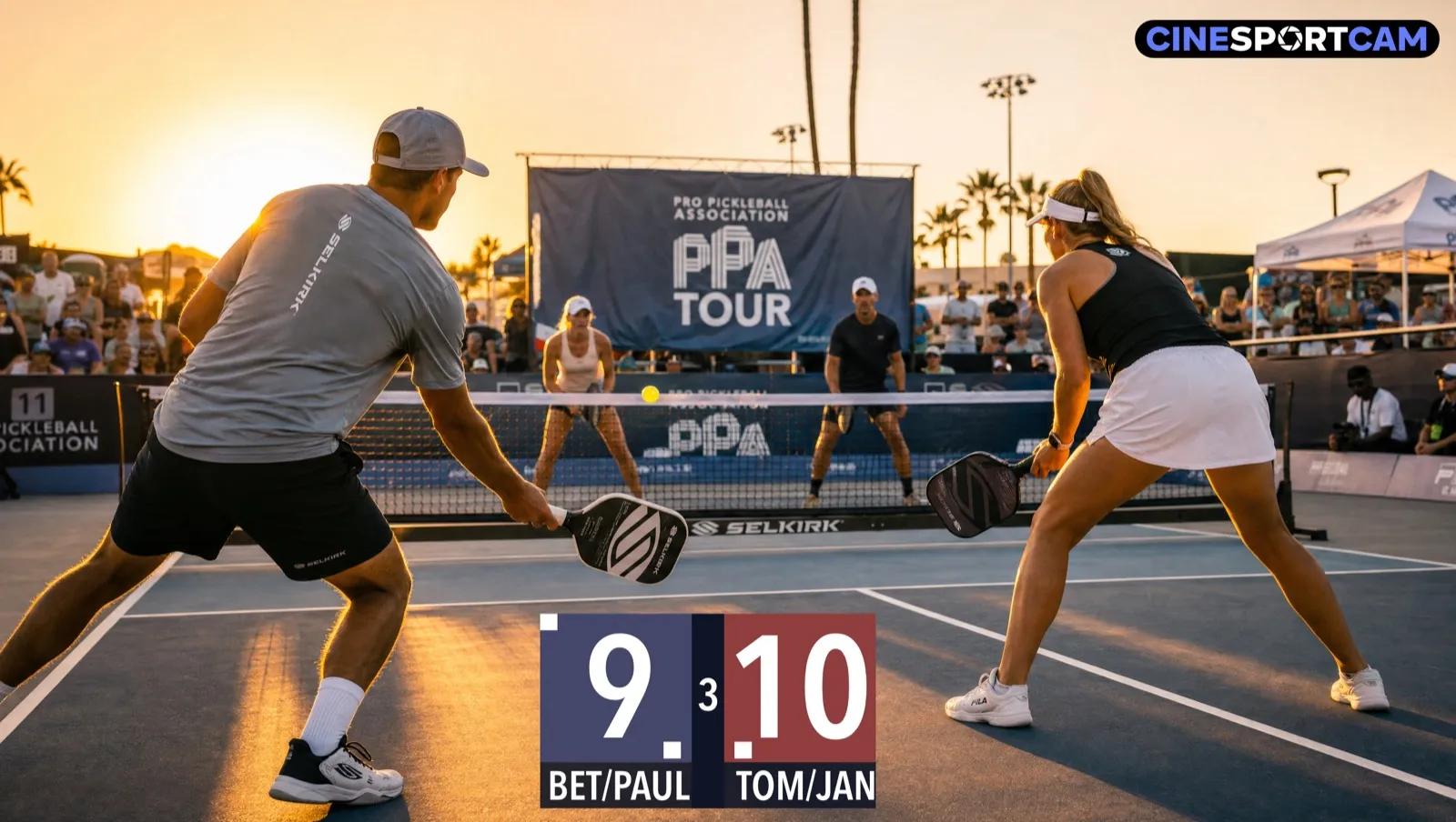A pickleball match at sunset with the CineSportCam scoreboard on the broadcast