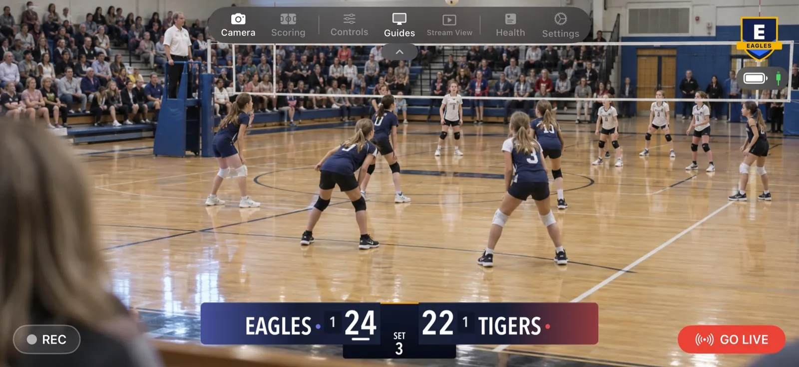 The camera view before the game: the Eagles crest top right, the scoreboard at the bottom, REC and GO LIVE buttons