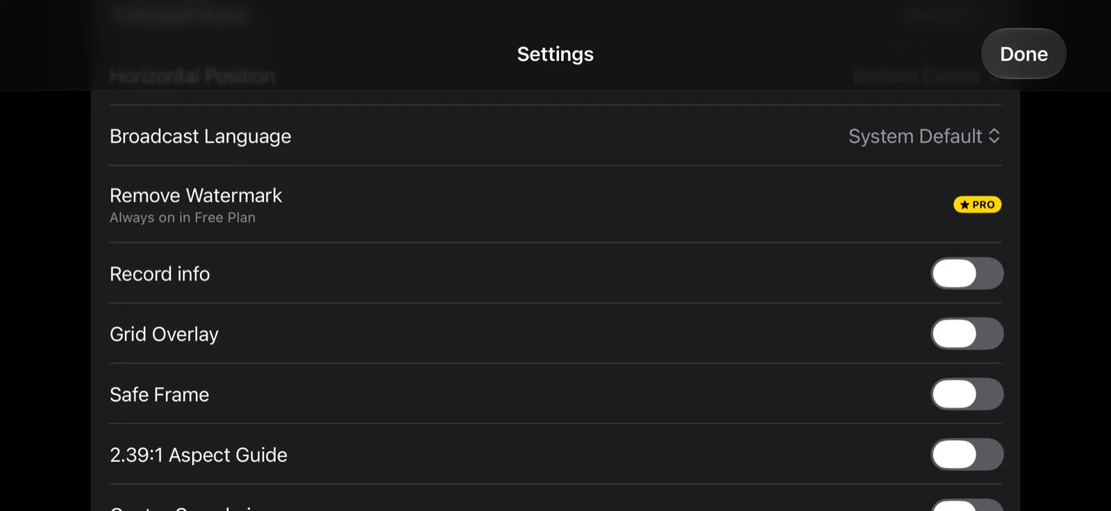 Settings → Display on the Free plan: Remove Watermark, Always on in Free Plan, with a PRO tag