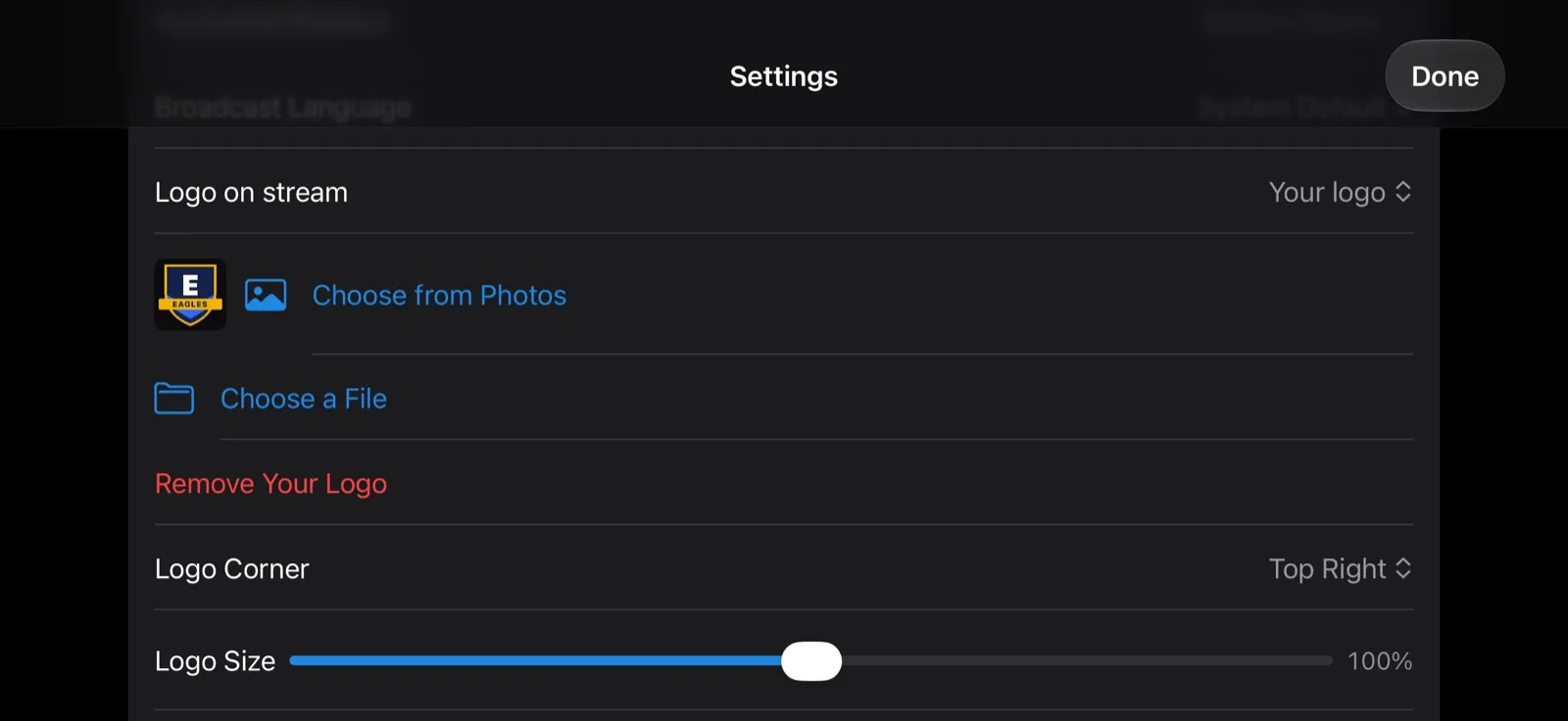 Settings → Display: Logo on stream set to Your logo, the thumbnail, Choose from Photos, Choose a File, Remove Your Logo, Logo Corner and Logo Size
