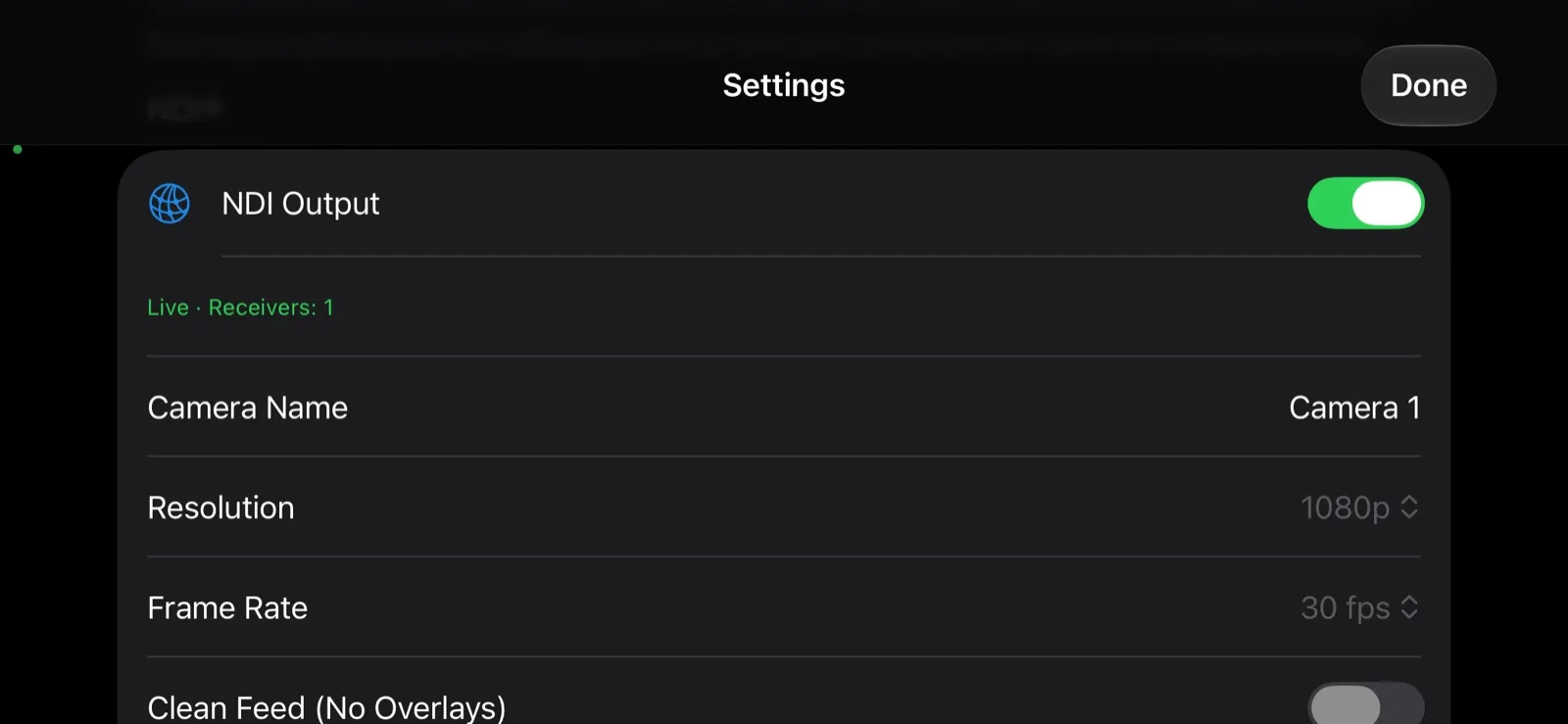 Settings → NDI with NDI Output on, reading Live · Receivers: 1