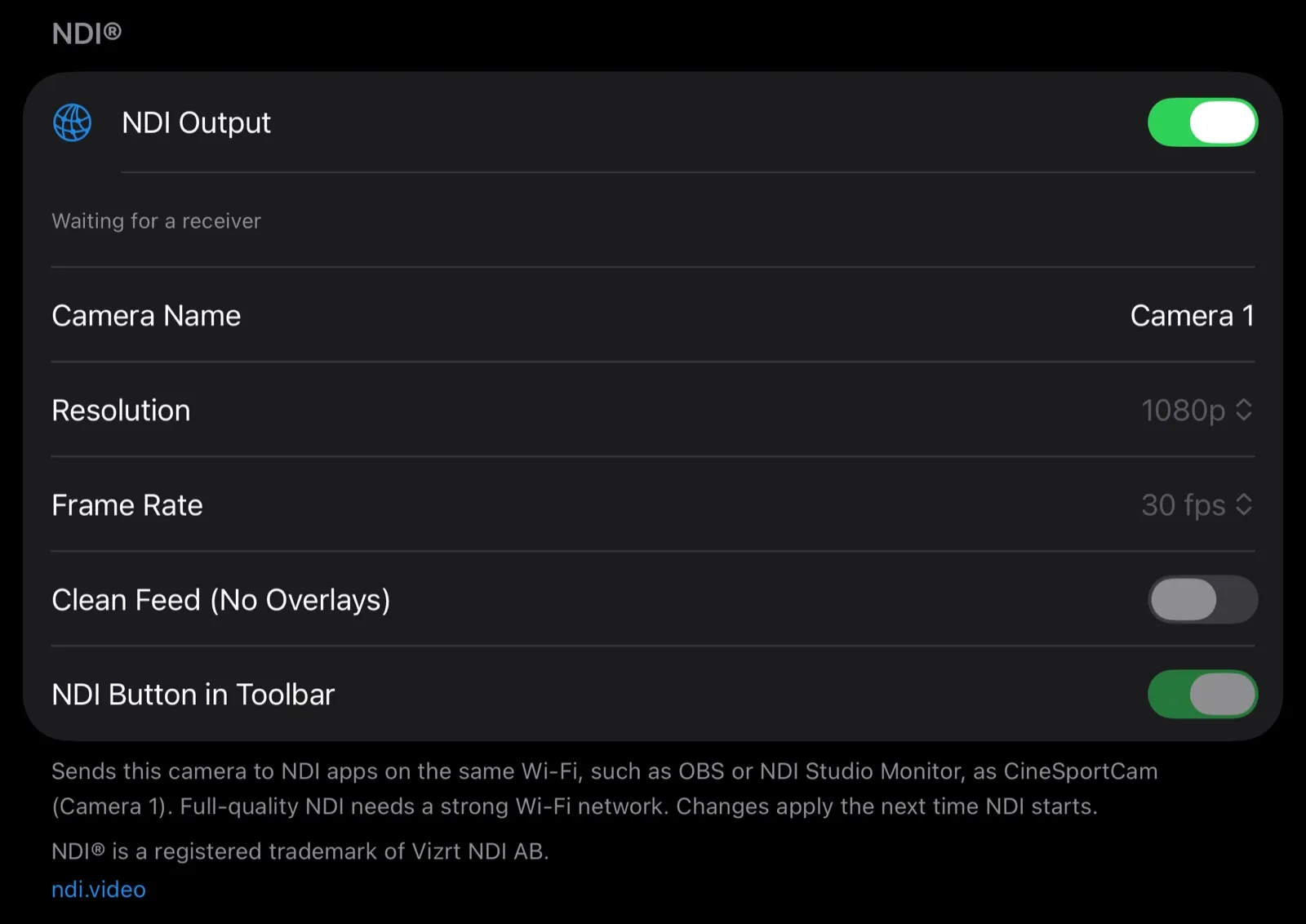 Settings → NDI on an iPhone: NDI Output on and Waiting for a receiver, Camera Name set to Camera 1, Resolution 1080p, Frame Rate 30 fps, Clean Feed (No Overlays) off and NDI Button in Toolbar on, with the footer naming the source CineSportCam (Camera 1)