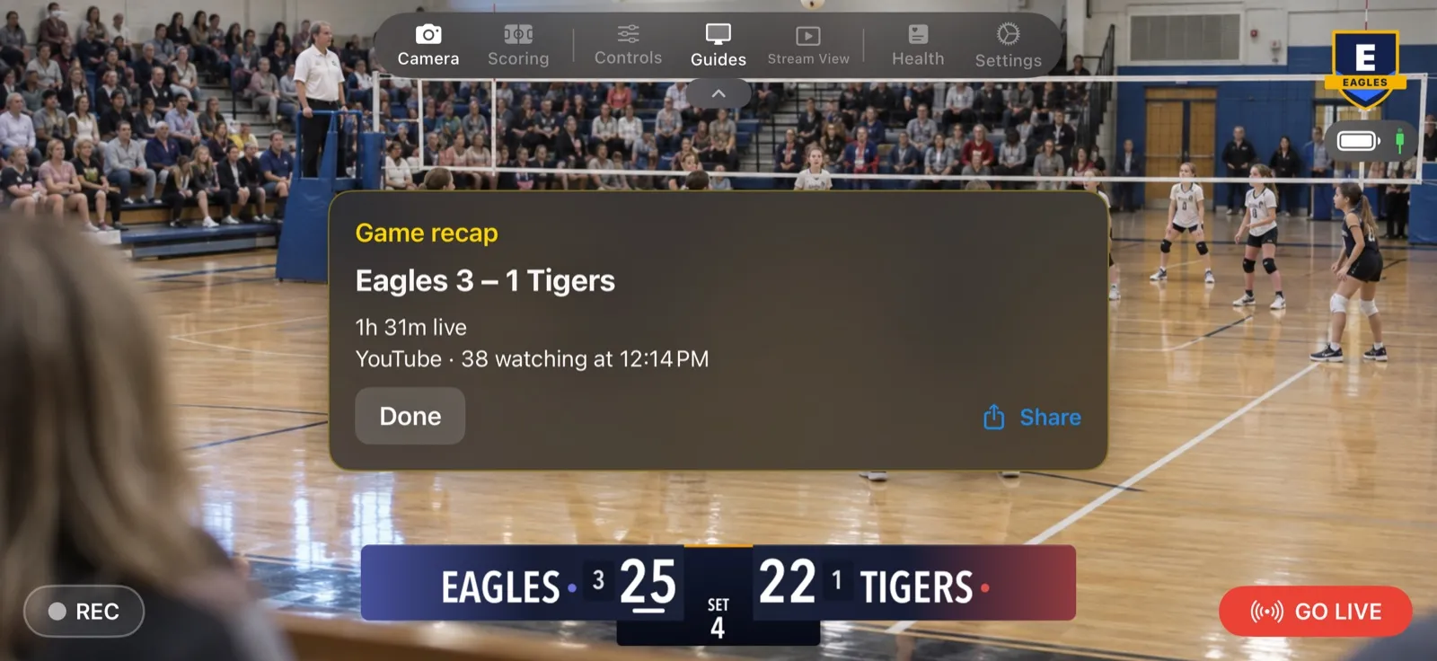 The end-of-game recap: Eagles 3 to 1 Tigers, 1h 31m live, YouTube · 38 watching, with Done and Share