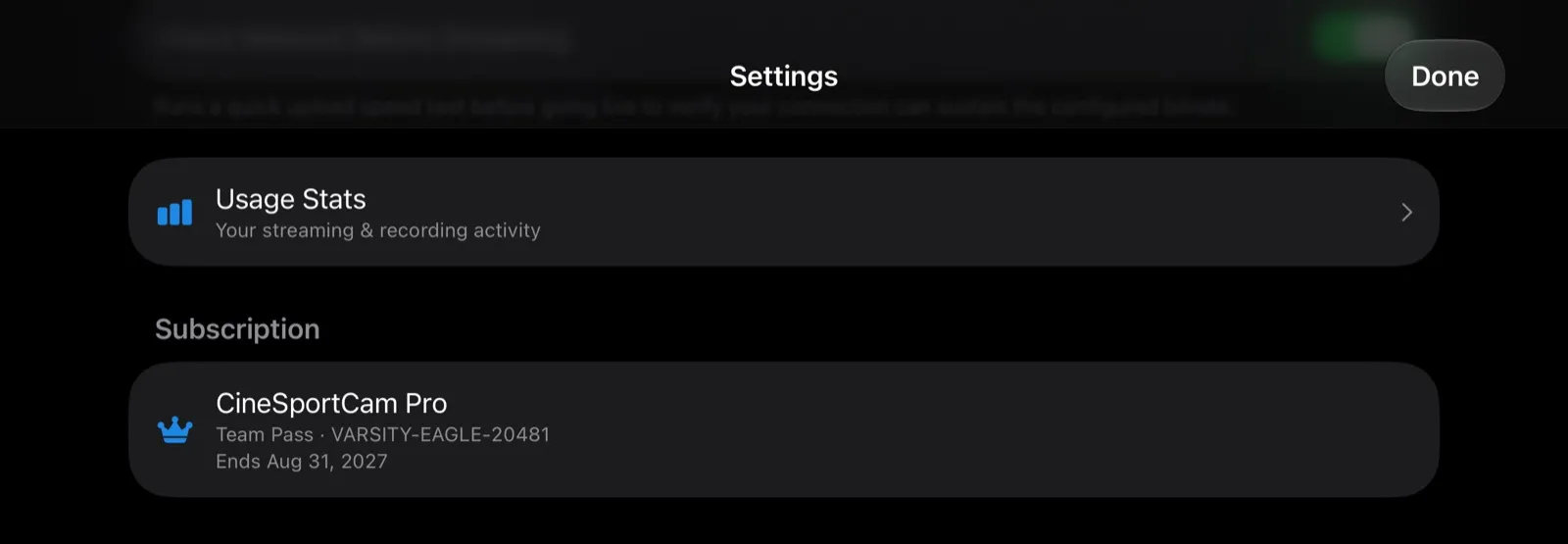 Settings → Subscription showing a Team Pass code and the date it ends
