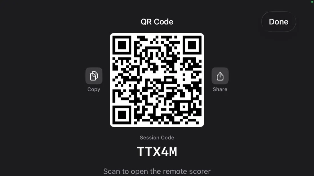 The remote scoring QR code and session code on an iPhone