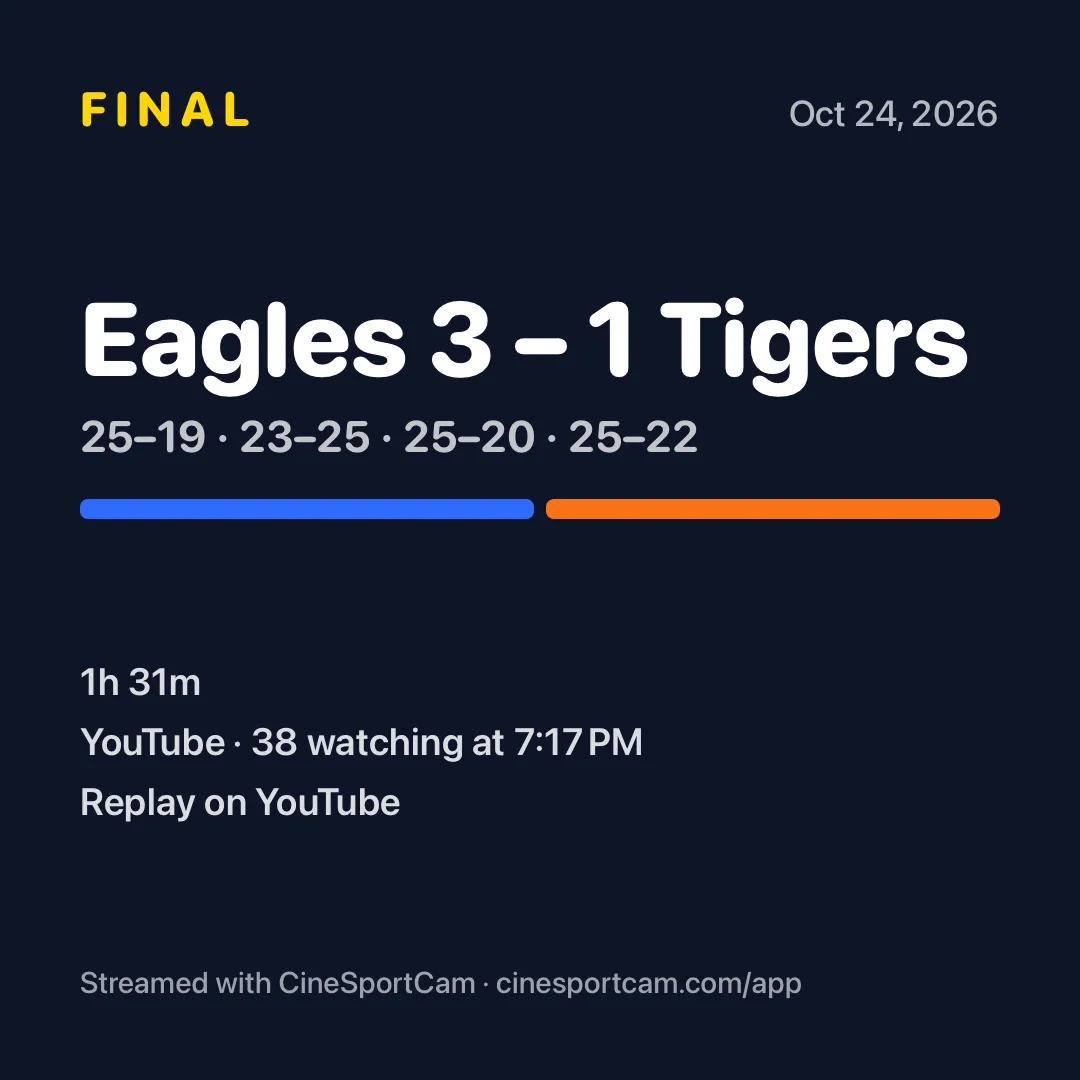 A score card: FINAL, Eagles 3 to 1 Tigers, the set scores, and the replay on YouTube.