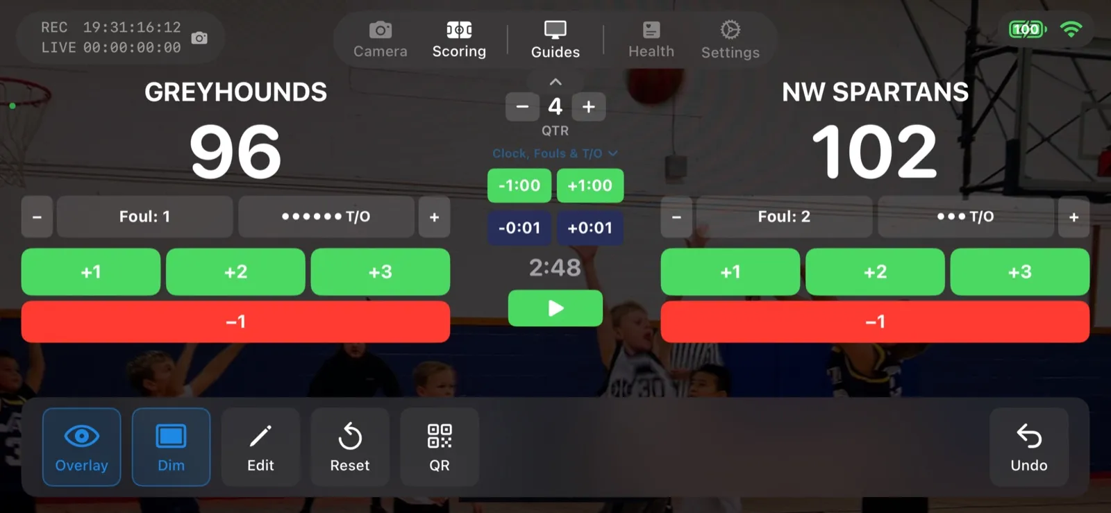 The Advanced scoreboard controls with fouls, timeouts, and a running game clock