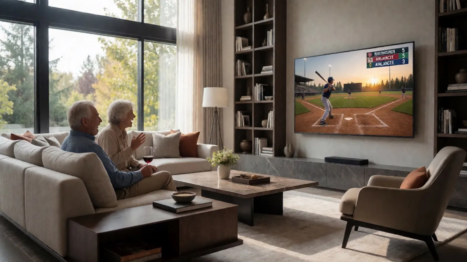 Grandparents watching a baseball stream with the scoreboard on a large living-room TV