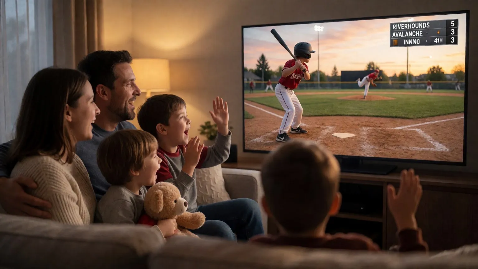 A family cheering on the couch while a baseball game streams on the TV