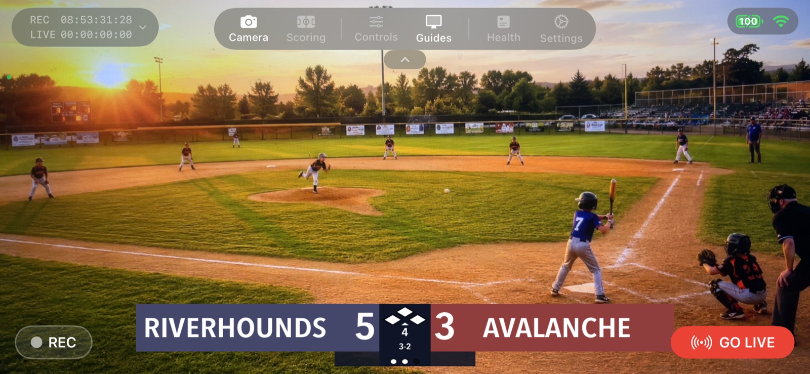 CineSportCam camera view on an iPhone with a live volleyball scoreboard.