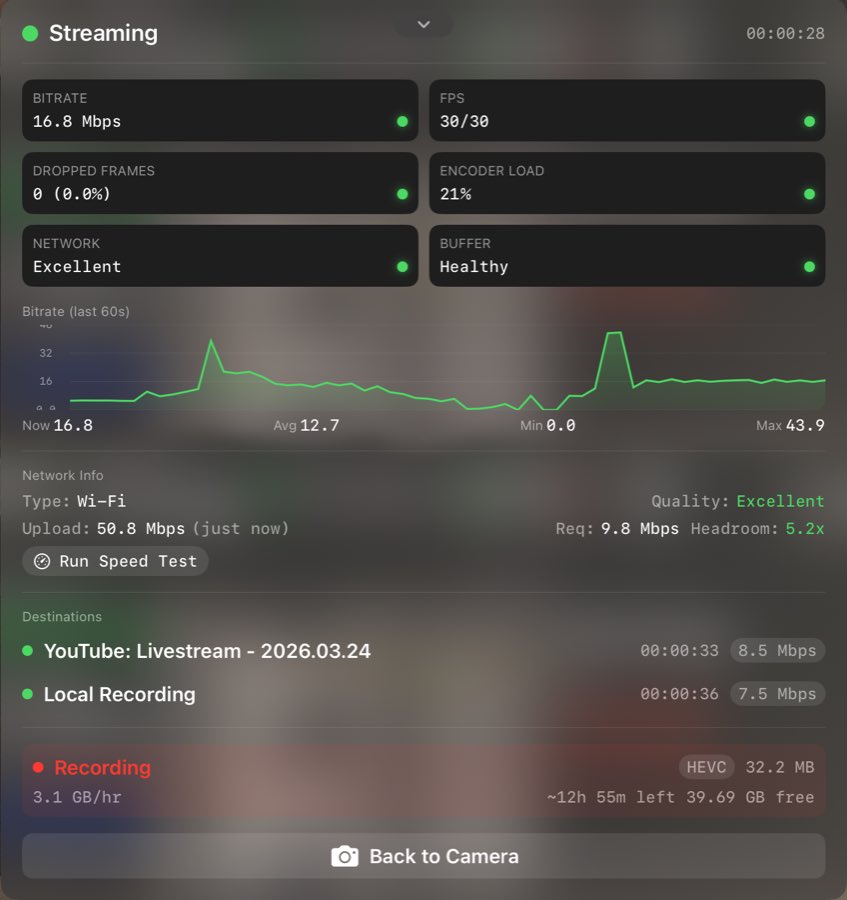 Stream health panel with bitrate graph, network quality, and recording status