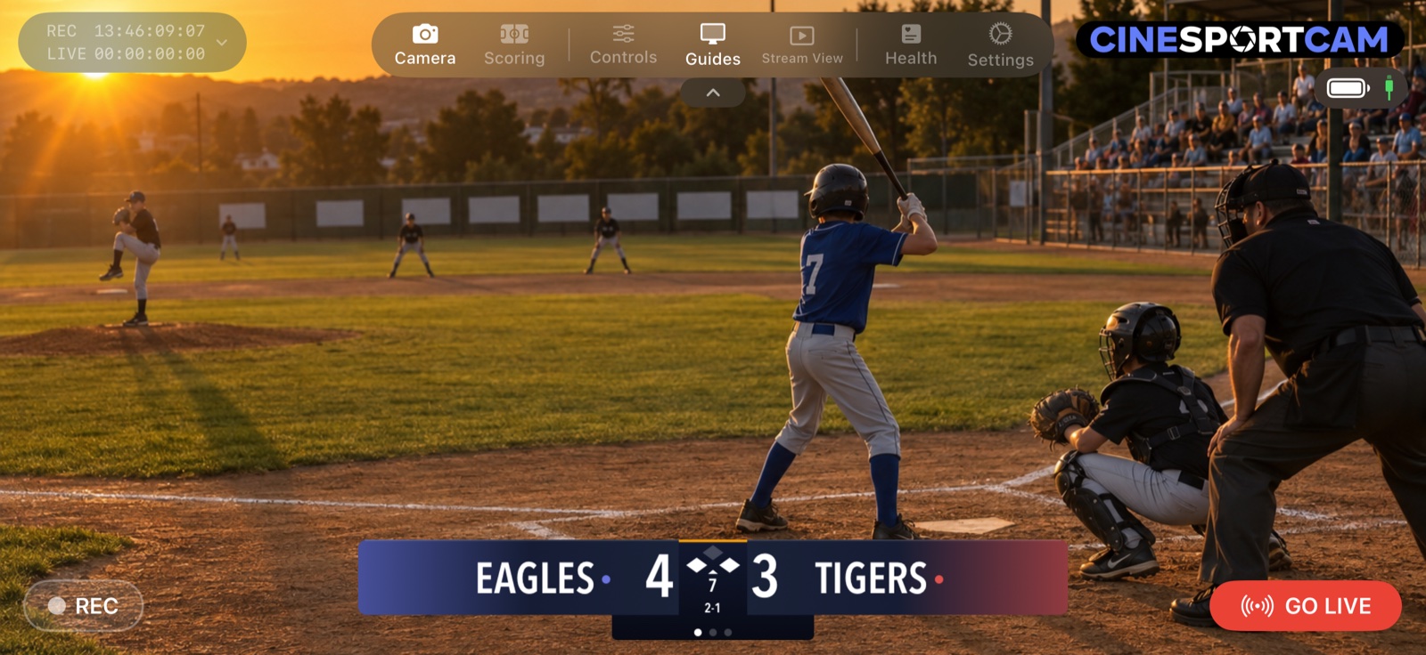 CineSportCam camera view on an iPhone with a live volleyball scoreboard.