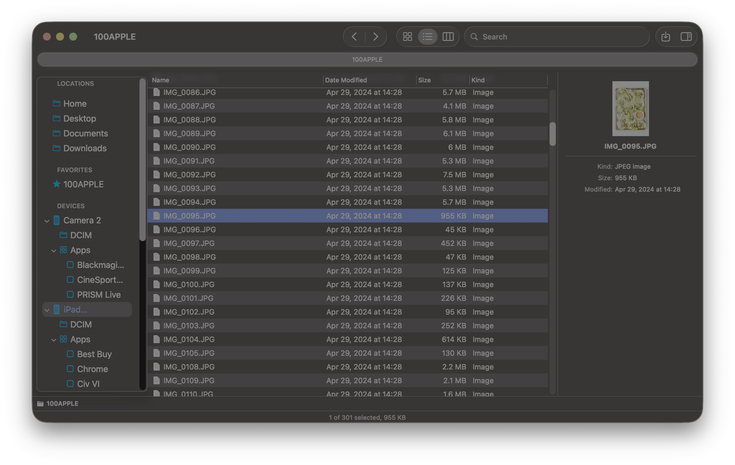 CineTransfer Finder-achtige apparaatbrowser die een iPhone of iPad als aangesloten schijf toont op Mac.