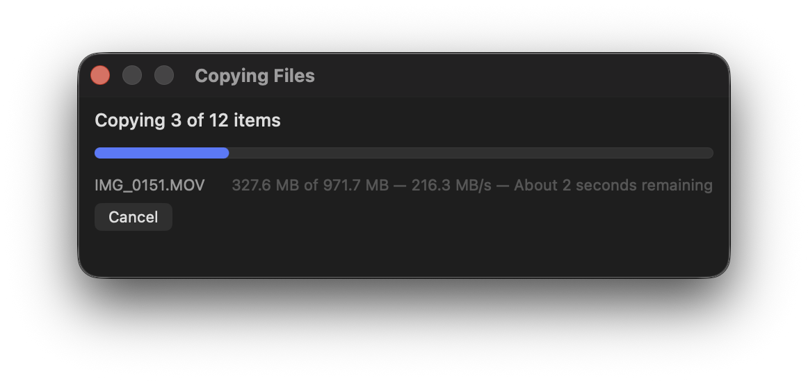 CineTransfer kopieerdialoog met snelle bestandsoverdracht voortgang.